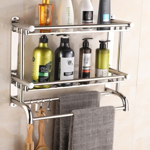 Living And Home (2 Tier) Chrome Towel Rail Holder Wall Mounted Bathroom Rack Shelf 1