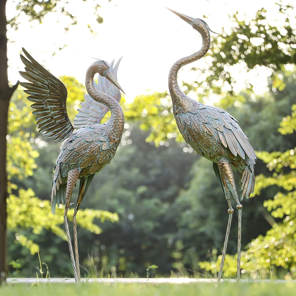 Teresa's Collections Pair Of Large Metal Crane Garden Statues - Hand-Painted Outdoor Bird Sculptures ( Finish) Bronze