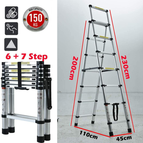 (6+7 Step) A-frame Aluminium Step Ladder Anti-Slip Extendable 1