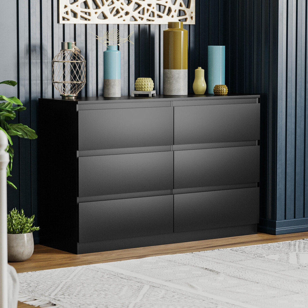 (Black) Denver 6 Drawer Chest Wide Bedroom Garment Storage