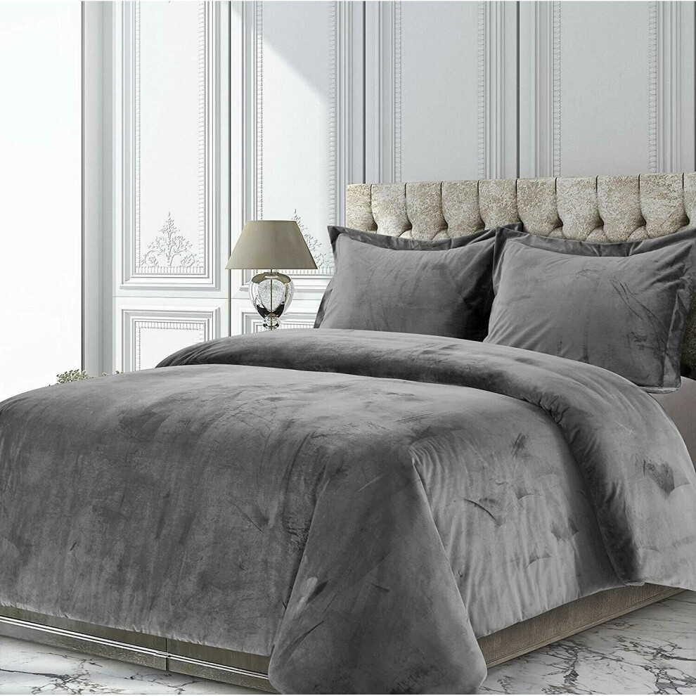 (Silver Grey, King) Crushed Velvet Duvet Cover Bedding Set Pillowcase