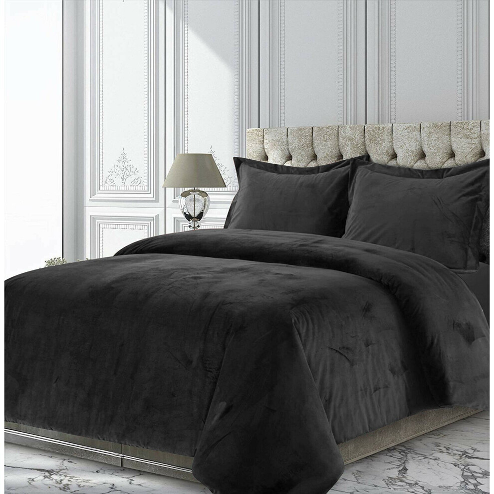 (Dark Grey , Double) Crushed Velvet Duvet Cover Bedding Set Pillowcase