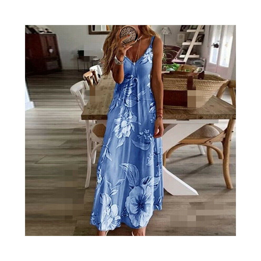 (Blue, 4XL) UK Womens Summer V Neck Long Maxi Dress Boho Beach Holiday Sundress Size 6-22