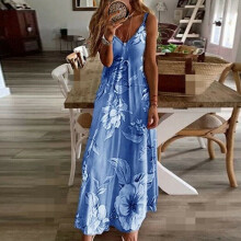 (Blue, XL) UK Womens Summer V Neck Long Maxi Dress Boho Beach Holiday Sundress Size 6-22