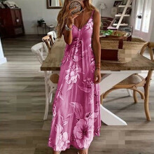 (Rose Red, 3XL) UK Womens Summer V Neck Long Maxi Dress Boho Beach Holiday Sundress Size 6-22