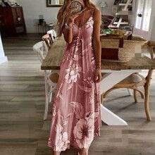 (Pink, XL) UK Womens Summer V Neck Long Maxi Dress Boho Beach Holiday Sundress Size 6-22