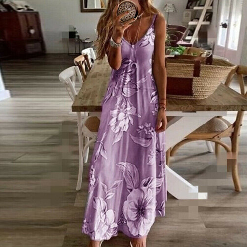 Purple, S) UK Womens Summer V Neck Long Maxi Dress Boho Beach