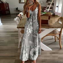 (Grey, XL) UK Womens Summer V Neck Long Maxi Dress Boho Beach Holiday Sundress Size 6-22