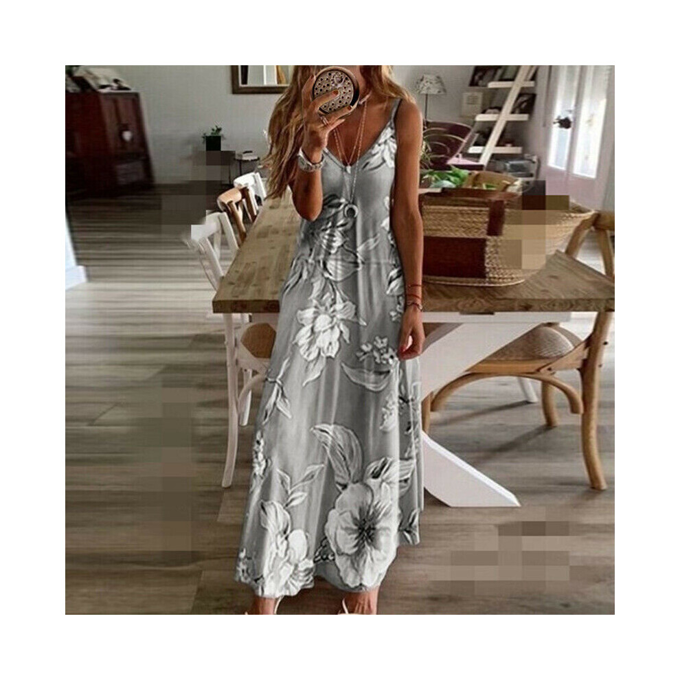 (Grey, XL) UK Womens Summer V Neck Long Maxi Dress Boho Beach Holiday Sundress Size 6-22