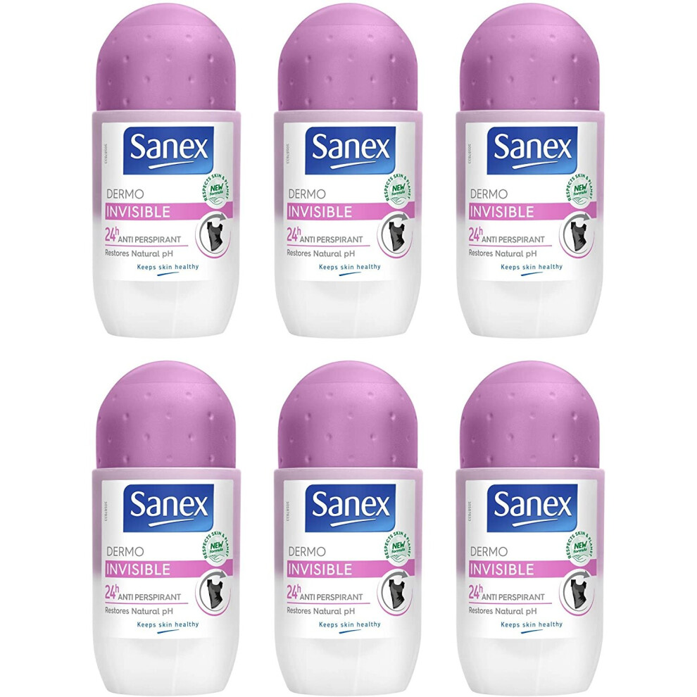 Sanex Dermo Invisible Roll On Antiperspirant 50ml, pack of 6, white