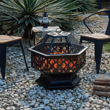 Hexagonal Fire Pit - Outdoor Oil Rubbed Bronze Fire Pit With BBQ Grill