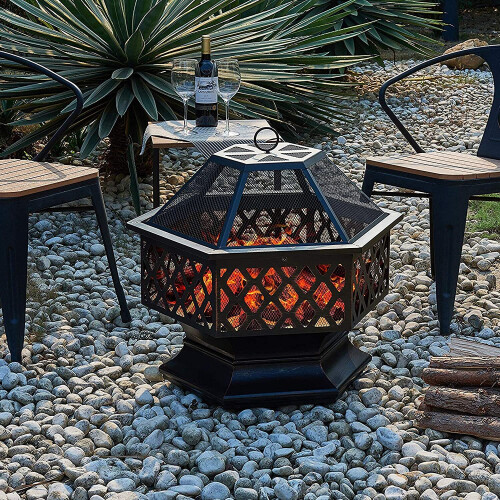 Hexagonal Fire Pit - Outdoor Oil Rubbed Bronze Fire Pit With BBQ Grill