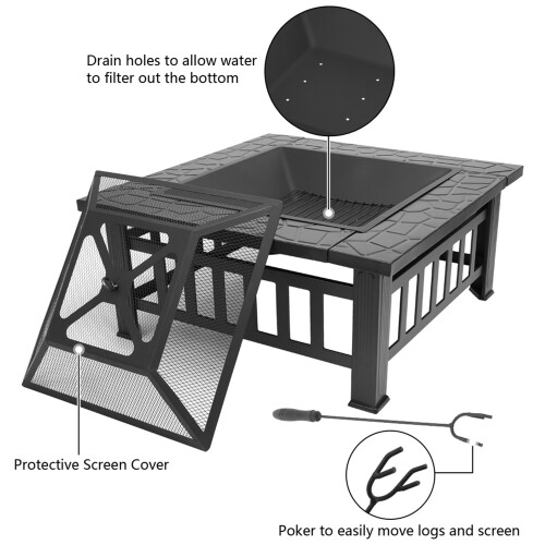 3-in-1 Square Fire Pit With Mesh Lid, Poker, BBQ Grill 2