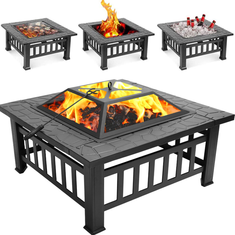 3-in-1 Square Fire Pit With Mesh Lid, Poker, BBQ Grill