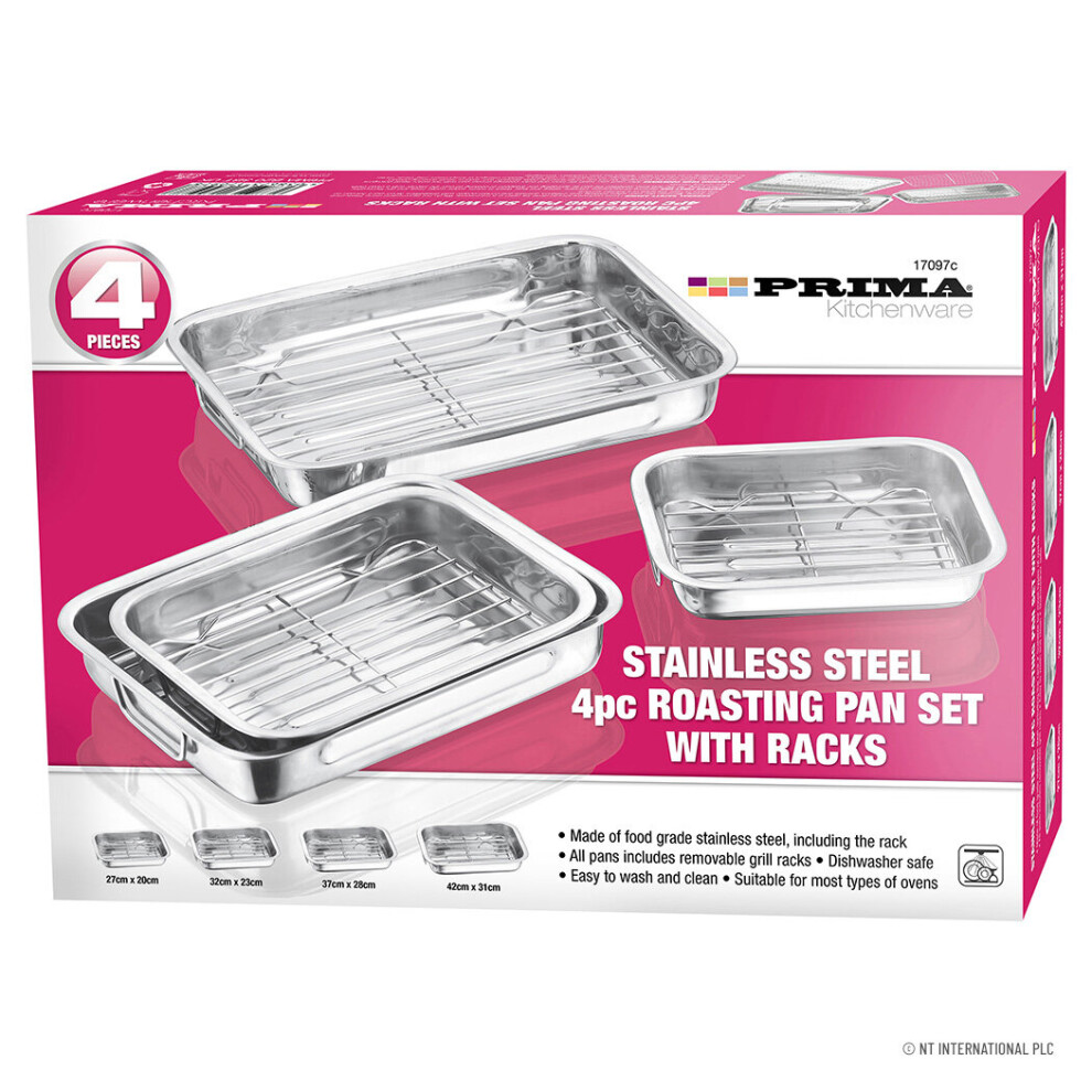 NEW PRIMA 4 PIECE ROASTING TIN BAKING TRAY DISHES WITH GRILLS ROAST