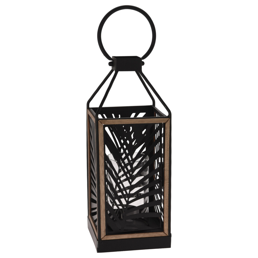 (x1) Black Metal Leaf Effect Lantern With Glass Tealight Holder & Wooden Trim 48cm