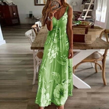 (Green, XL) UK Womens Summer V Neck Long Maxi Dress Boho Beach Holiday Sundress Size 6-22