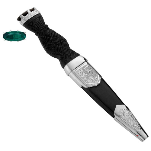 Sgian Dubh Plated Celtic Serpents and Emerald Hued Cap Stone
