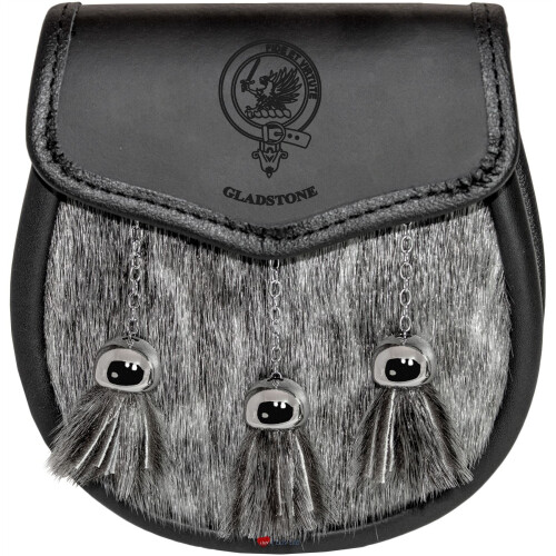 Gladstone Semi Sporran Fur Plain Leather Flap Scottish Clan Crest