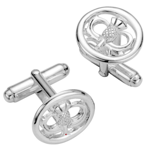 Cufflinks Sterling Silver Oval Framed Thistle in Pierced Open Design