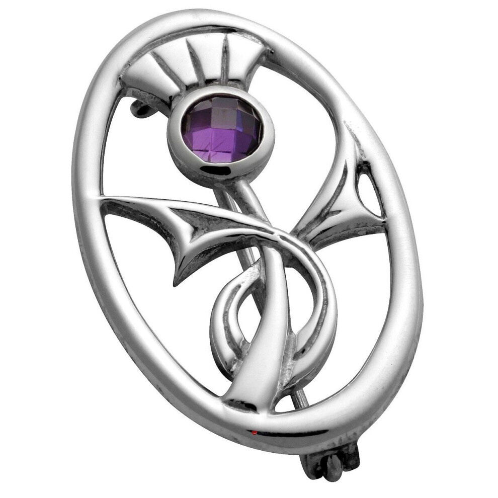 Sterling Silver Thistle Stylised Amethyst Set Oval Brooch Crafted 34mm
