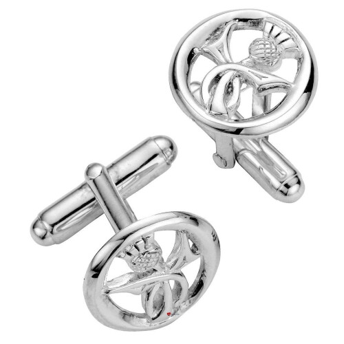 Cufflinks Sterling Silver Round Framed Scottish Thistle Pierced Open