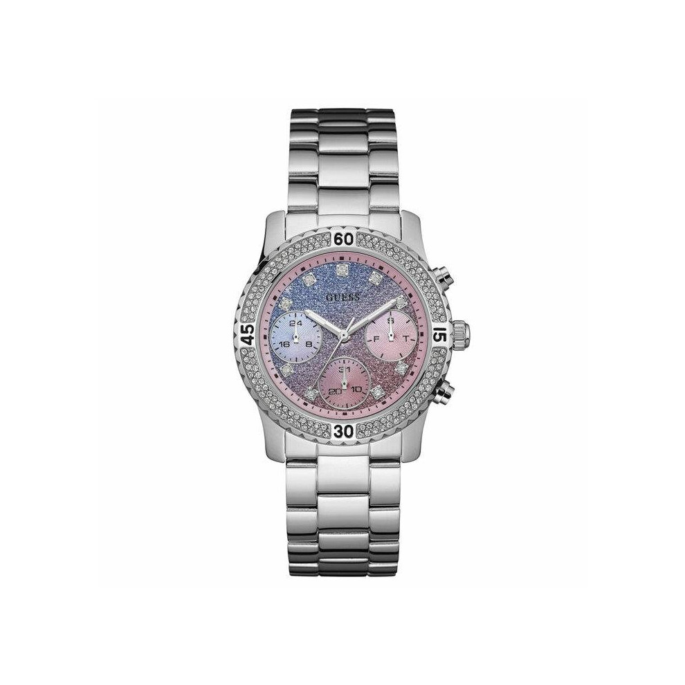 Montre femme Guess W0774L1 Confetti Multicolor - Cadran scintillant multicolore, bracelet acier argenté, lunette pavée, 38 mm, quartz