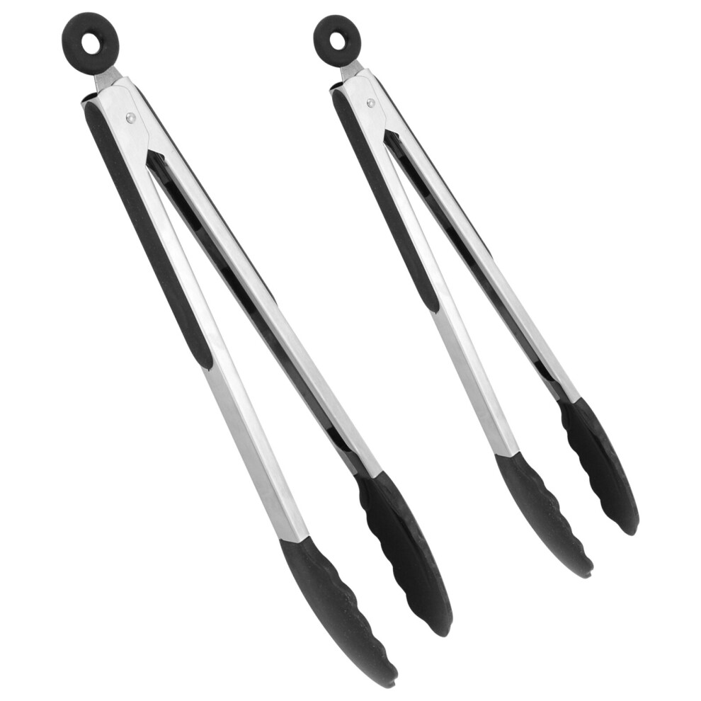 2 x SILICONE COOKING TONGS 9"&12" HEAVY DUTY NON-STICK STAINLESS STEEL