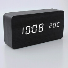 (Black Wood+White font) Wooden Digital Clock - Multi-function LED Alarm Clock with Time/Date/Temperature Display and Voice Control