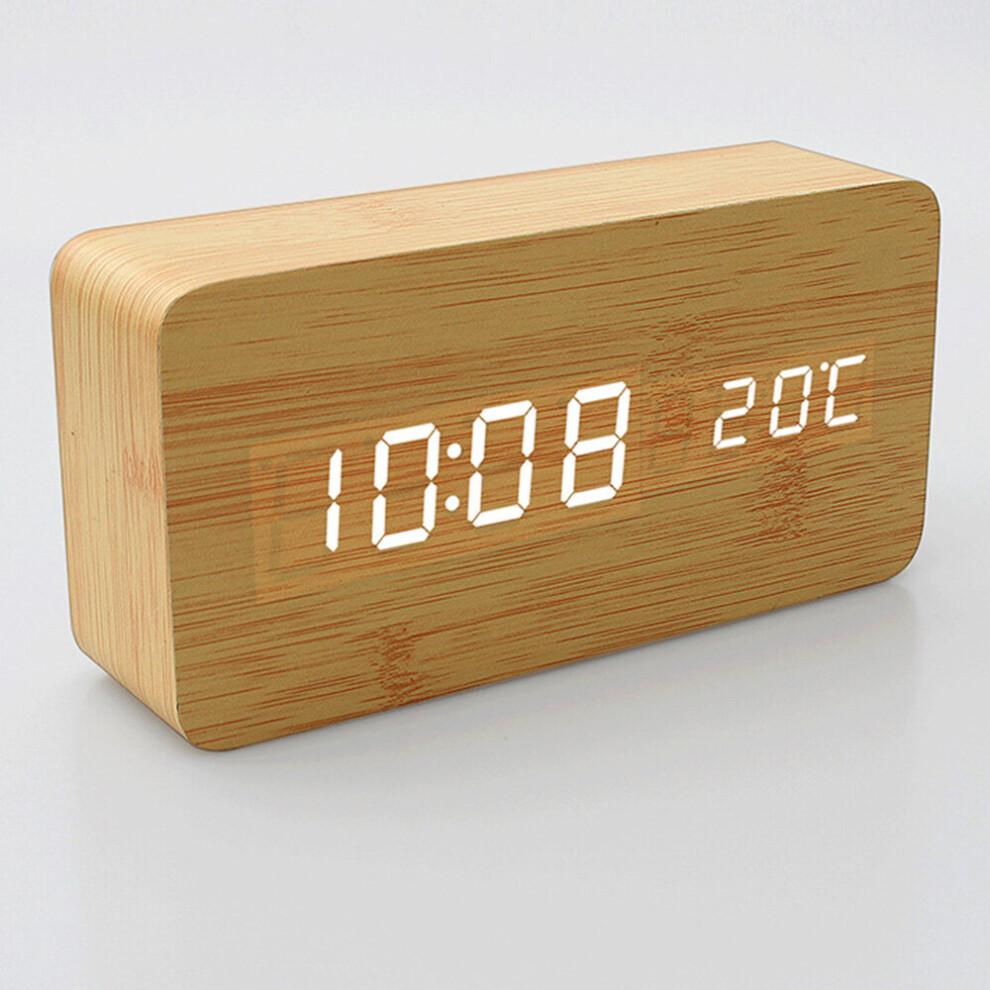 (Bamboo Wood+White font) Wooden Digital Clock - Multi-function LED Alarm Clock with Time/Date/Temperature Display and Voice Control