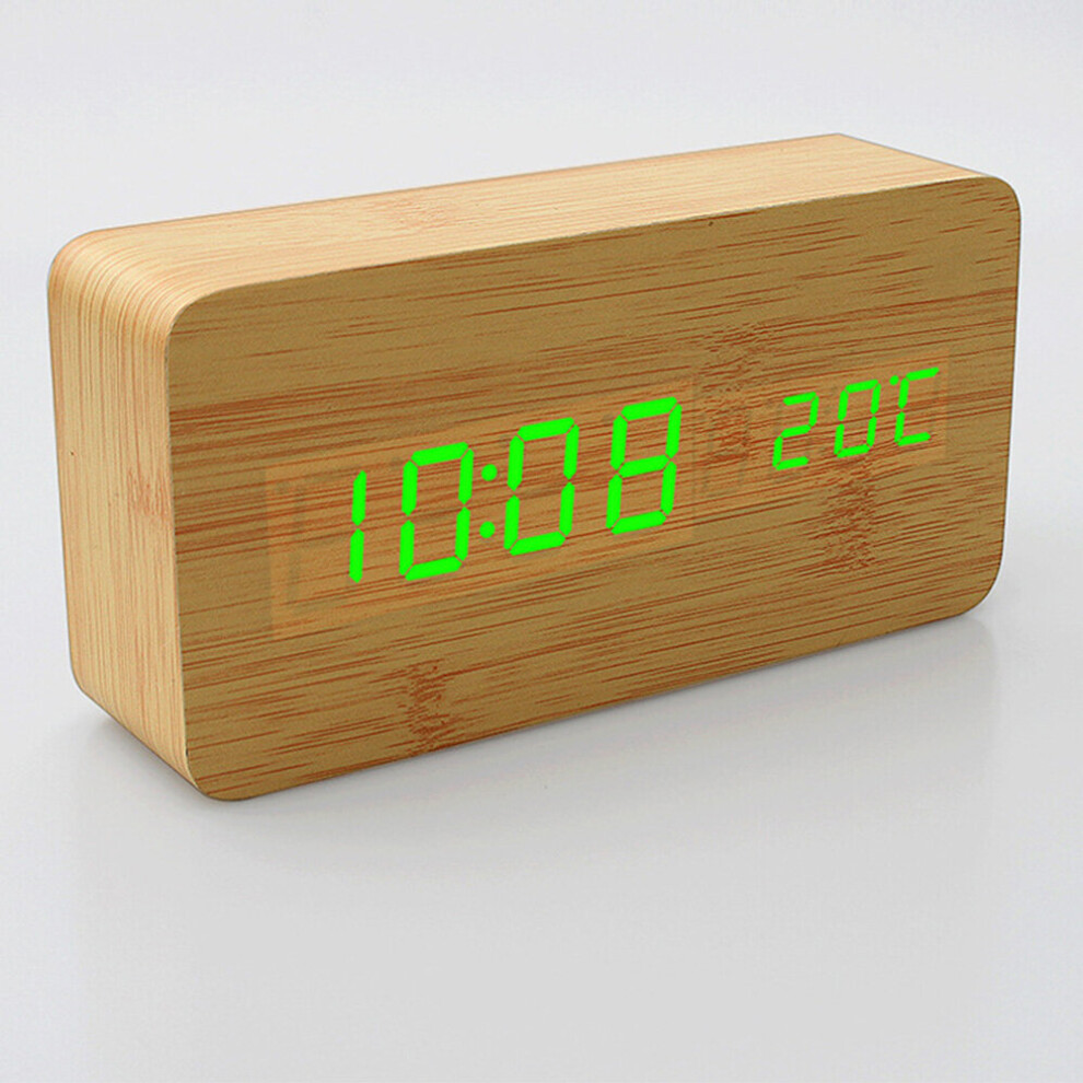 (Bamboo Wood+Green font) Wooden Digital Clock - Multi-function LED Alarm Clock with Time/Date/Temperature Display and Voice Control