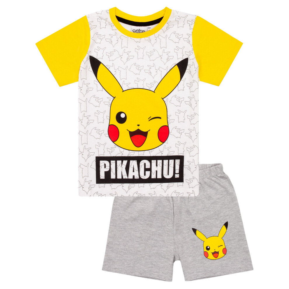 (7-8 Years) Pokemon Pikachu Face Grey Yellow Boy's Kids Short Pyjamas Nightwear Set