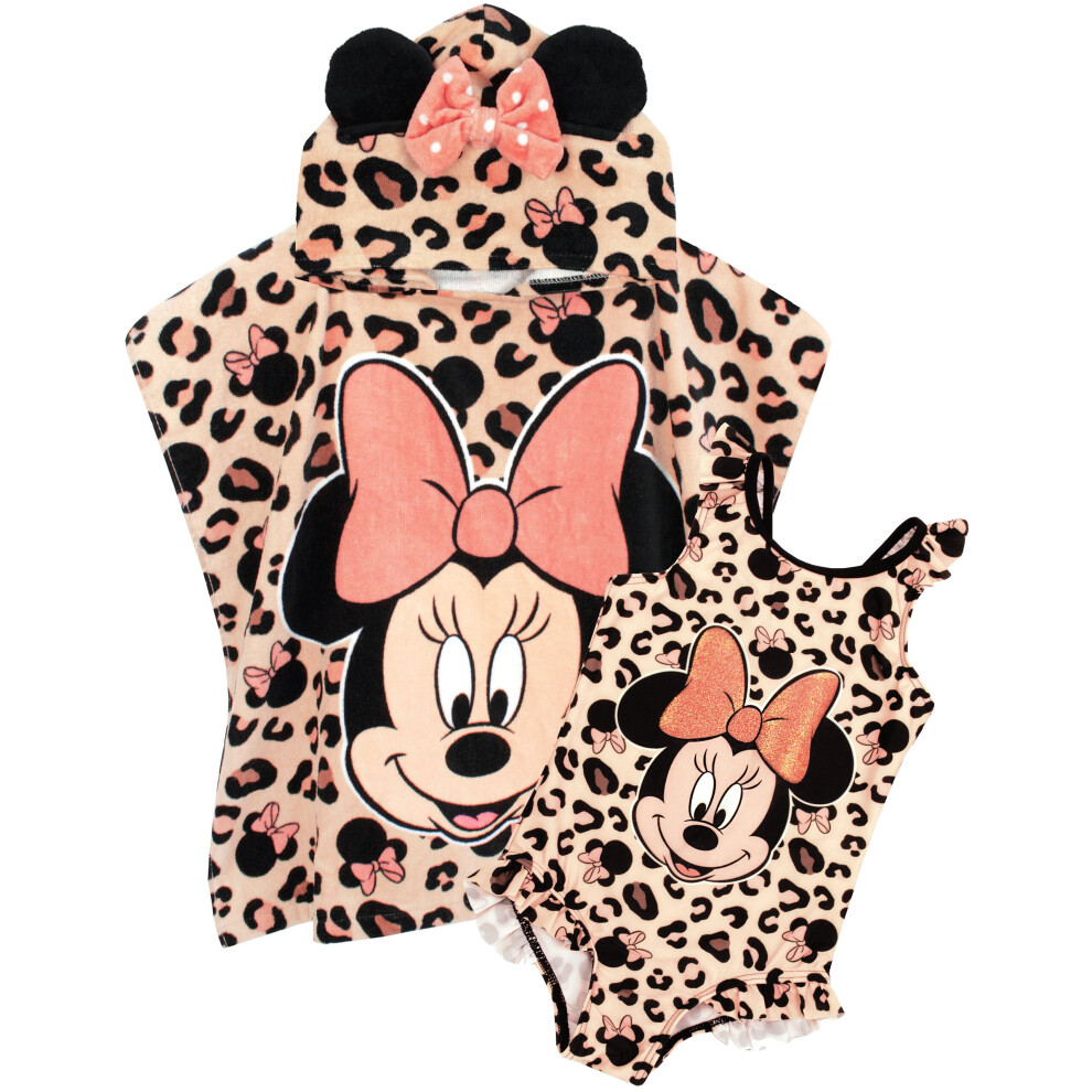 (18-24 Months) Disney Minnie Mouse Girl's Swimsuit & Hooded Towel Poncho Set | Kids Swimming Costume | Children's Beach Bath Towel With 3D Ears | Gift