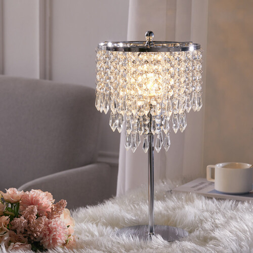 Modern Crystal Table Lamp - Silver Stainless Steel Bedside Light with Sparkling Lampshade, E27, 40x15x15 cm