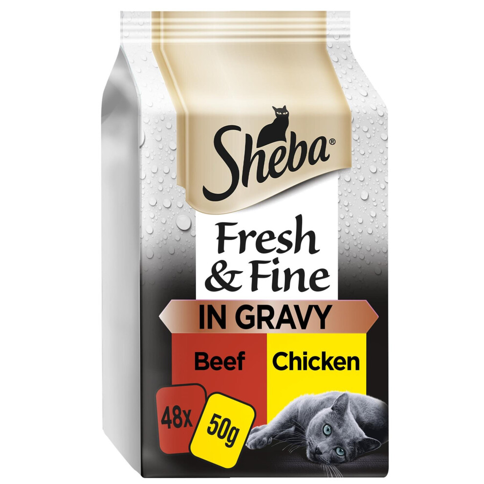 Sheba 48 X 50G Fresh & Fine Adult Wet Cat Food Pouches Beef & Chicken In Gravy