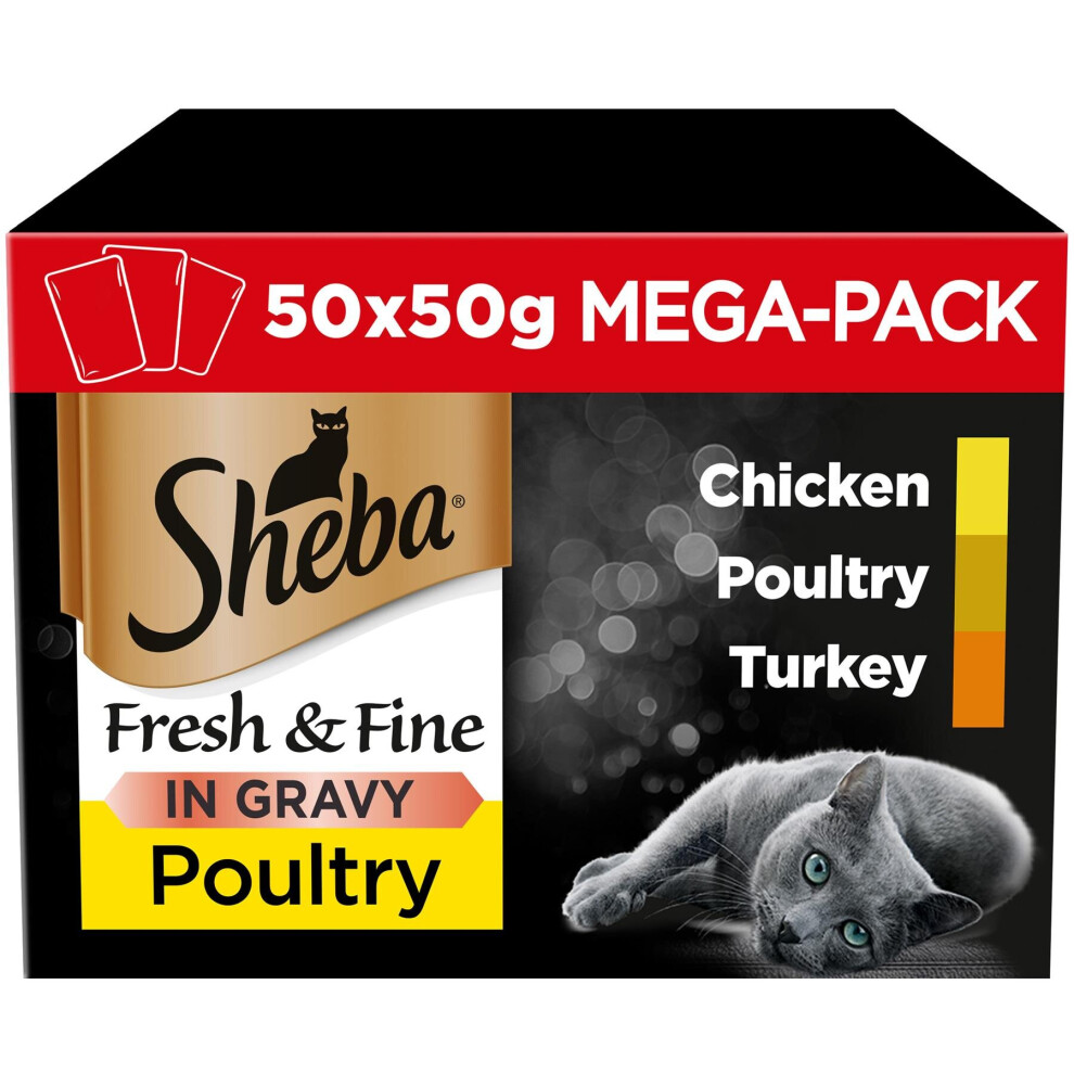 50 X 50g Sheba Fresh & Fine Adult Wet Cat Food Pouches Mixed Poultry In Gravy