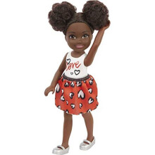 Barbie Chelsea Puppe, Kleine Puppe mit Afro-Haar in Herzrock und Metallisch-Schuhen