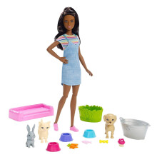 Barbie Play 'n' Wash Pets Set mit Barbie Puppe, 3 Farbwechsel-Tiere und 10 Zubehörteilen