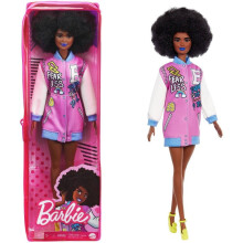 Barbie Fashionistas Puppe #156 mit braunem Afro & blauen Lippen im grafischen Mantelkleid