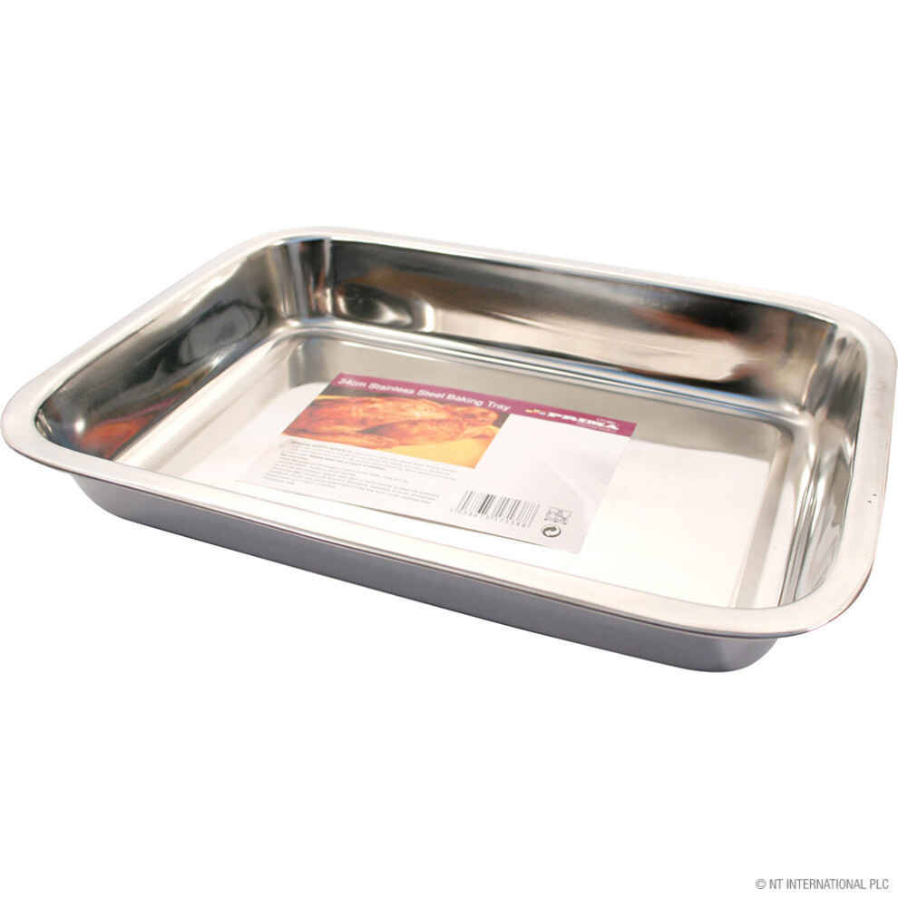 NEW 34CM BAKING TRAY STAINLESS STEEL DEEP ROASTING OVEN PAN GRILL BAKE