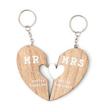 WG1140 Wedding Love Story Key Ring Set - Mr & Mrs, Better Together (2 MDF Key Rings, White Heart on Mrs)