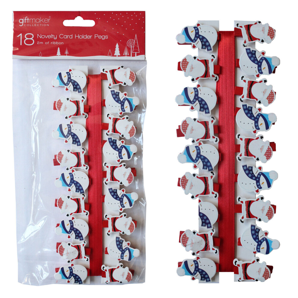 Christmas 18 Novelty Card Holder Pegs and Red Ribbon - Santa / Snowman