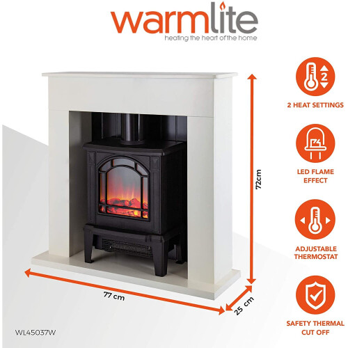 Warmlite Warmlite WL45037W Ealing 1.8KW Compact Stove Fire Suite, White 2