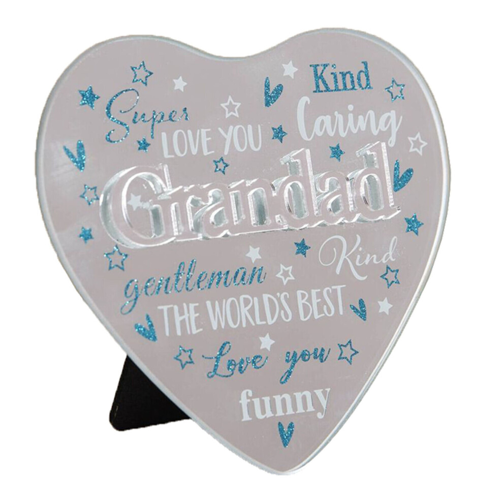 Celebrations Sentiment Heart Shaped Glass Plaque With Mirror Wording - Grandad White/Blue