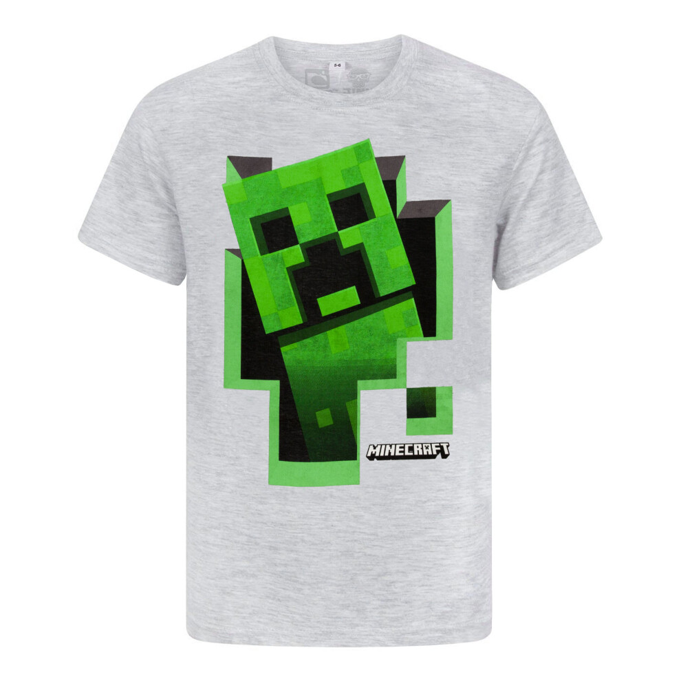 (9-10 Years) Minecraft Boys T Shirt Green Creeper Kids Grey Short Sleeve Mojang Top