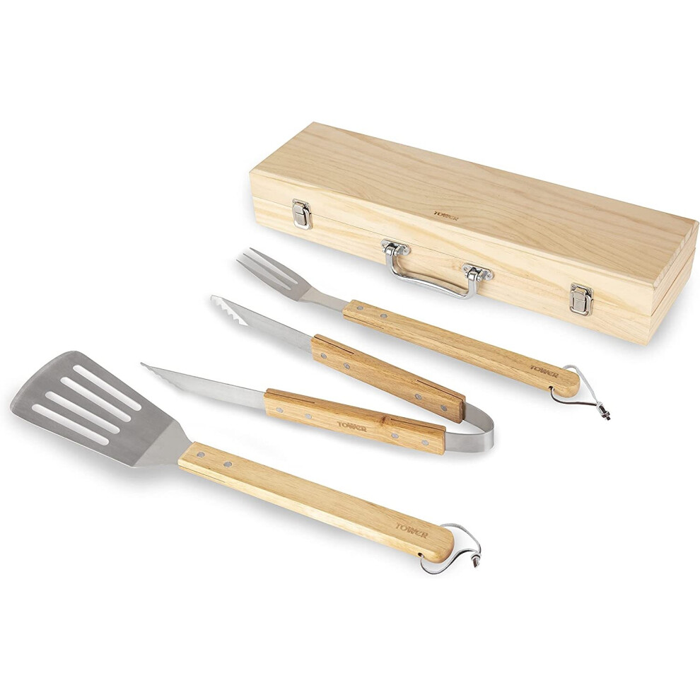 Tower T932005 4 Piece BBQ Tools Set, Wooden, Stainless Steel