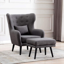 (Grey with Footstool, Linen) Winslow Wing Back Occasional Fabric Lounge Accent Chair Living Room Armchair w Stool