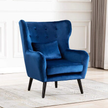 (Navy without Footstool, Velvet) Winslow Wing Back Occasional Fabric Lounge Accent Chair Living Room Armchair w Stool