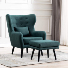 (Green with Footstool, Linen) Winslow Wing Back Occasional Fabric Lounge Accent Chair Living Room Armchair w Stool