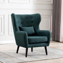 (Green without Footstool, Linen) Winslow Wing Back Occasional Fabric Lounge Accent Chair Living Room Armchair w Stool
